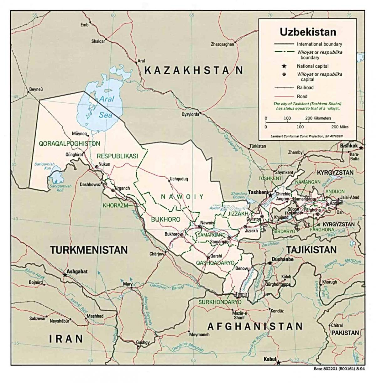 mapa de Uzbekistán países de su entorno