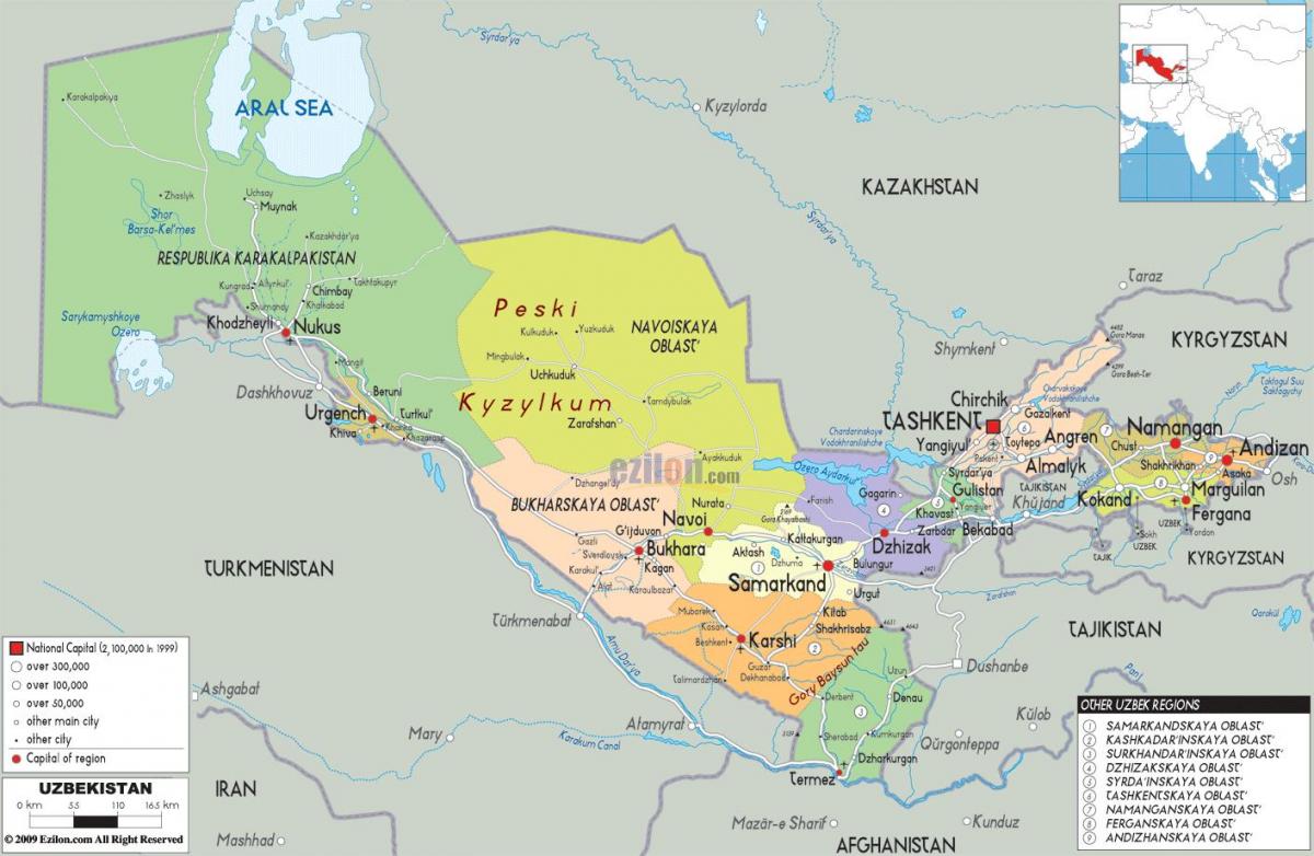 el mapa de la república de Uzbekistán